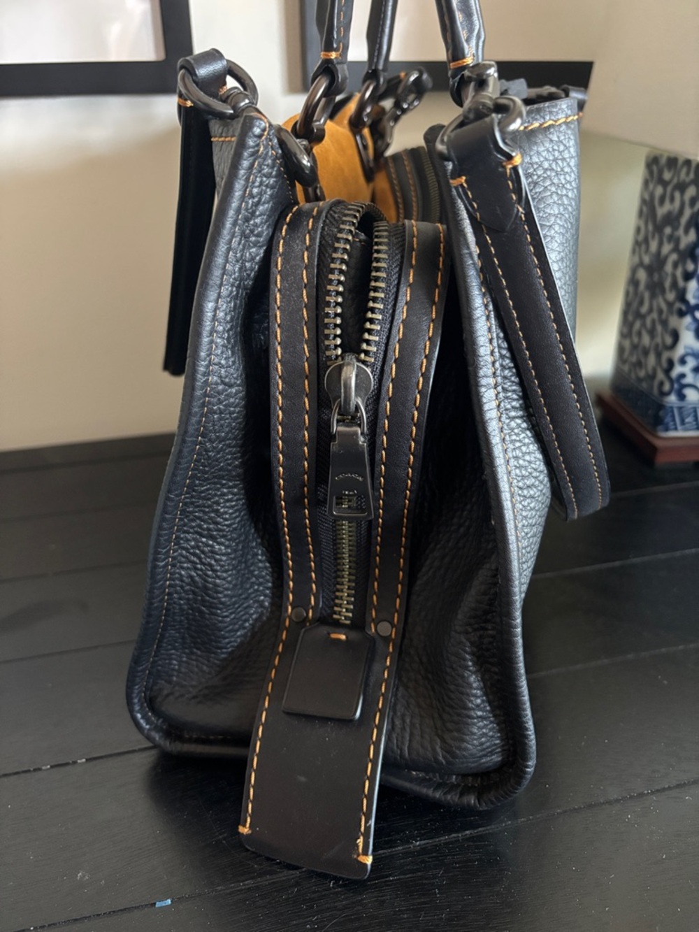 Coach Black Pebbled Leather Satchel with Tan Interior - Picture 2 of 5